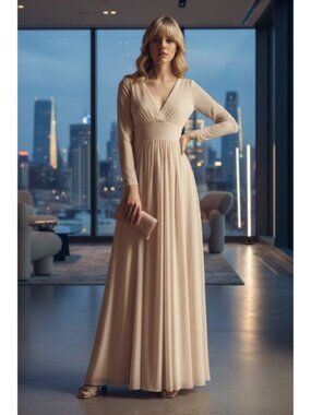 Clearance Champagne Size L Long Sleeve Sheer Mother Of The Bride Dress 5234